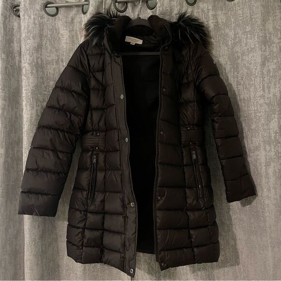 Laundry by Shelli Segal Quilted Puffer Coat Faux Fur Hood Coffee/Brown Medium - Picture 8 of 12